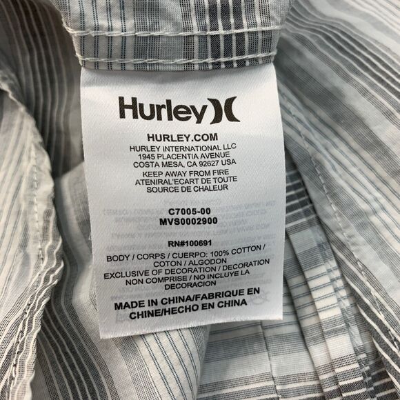 Hurley Shirt Mens L Large Grey Button Down Short Sleeve Striped Cotton Pocket - Picture 8 of 10